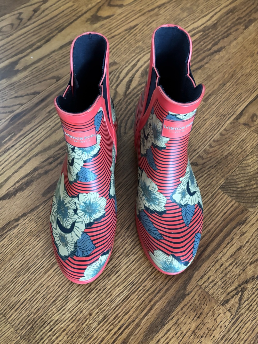London Fog Piccadilly Red Striped Floral Print Rubber Chelsea Rain Boots Size 9